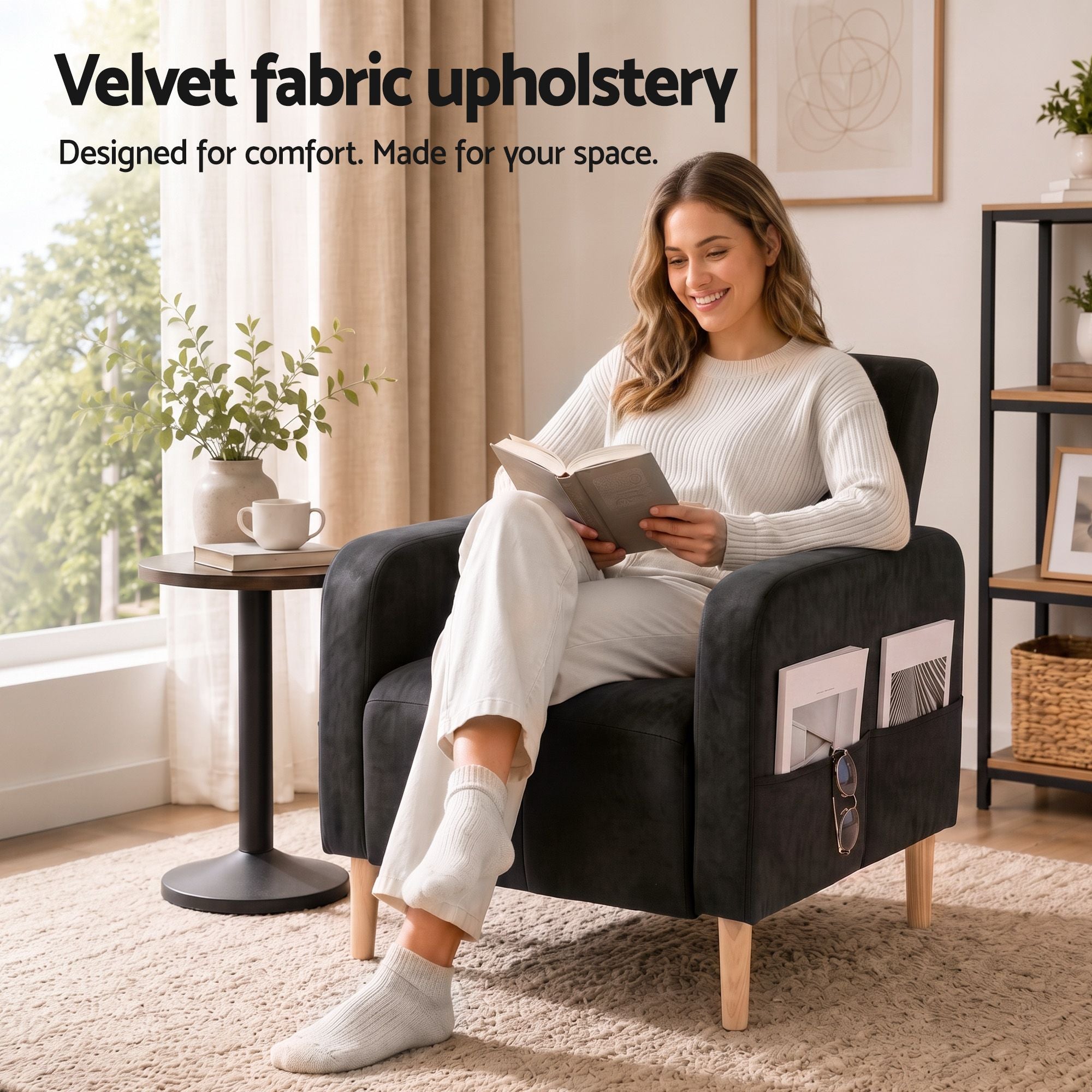 Artiss Reclining Armchair Velvet Sofa Bed Daybed Chair Single Chair Black