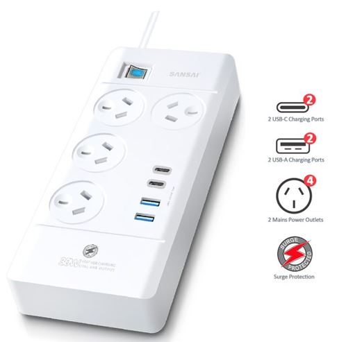 Sansai 4 Way Powerboard 4 Outlet 2Ã—USB-A 2Ã—USB-C Charging Ports Ports 10A 240V Individually Switched 2 extra spaced sockets 1M Length