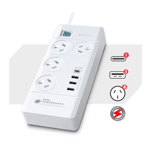 Sansai 4 Outlet Powerboard with 3 USB-A 1 USB-C Master Switch Surge and Overload Protected Fast Charging 20W 1m 10A