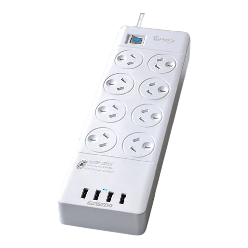 Sansai 8 Outlet Surge Protected Powerboard 4 USB Ports Master On Off Switch 1m Lead Right Angle Plug 2400W 375J