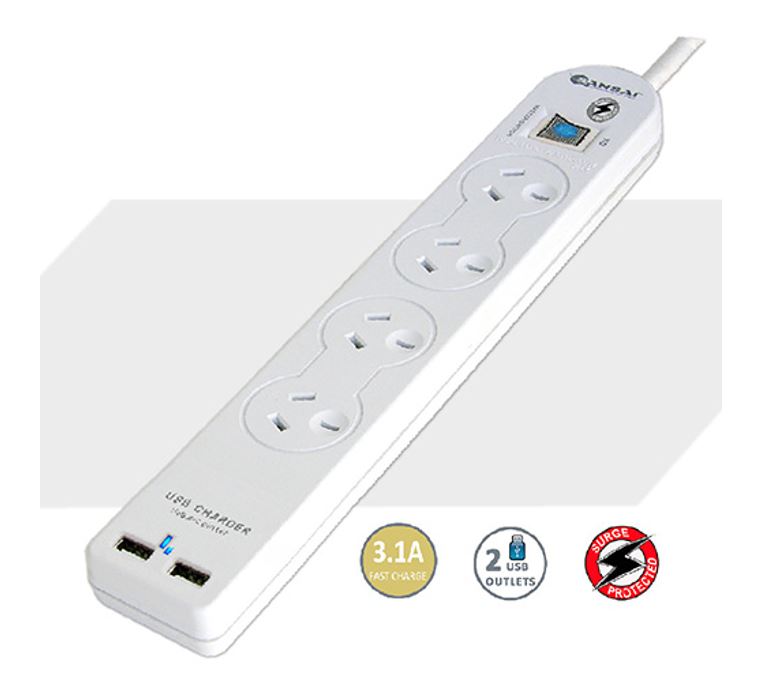 Sansai 4 Way Basic Powerboard 4 Outlets 2 USB A Ports Master Switch Surge Overload Protection 1M Lead