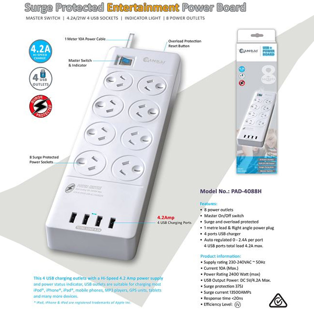 Sansai 8 Outlet Surge Protected Powerboard 4 USB Ports Master On Off Switch 1m Lead Right Angle Plug 2400W 375J