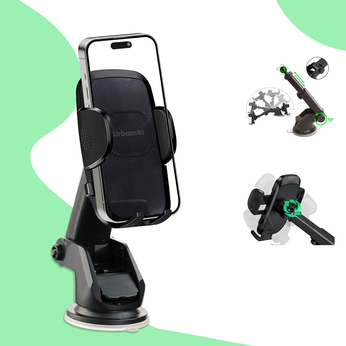 Urbanoki 4 in 1 Car Phone Holder Dashboard Windshield Vent Mount for All Phones - Black