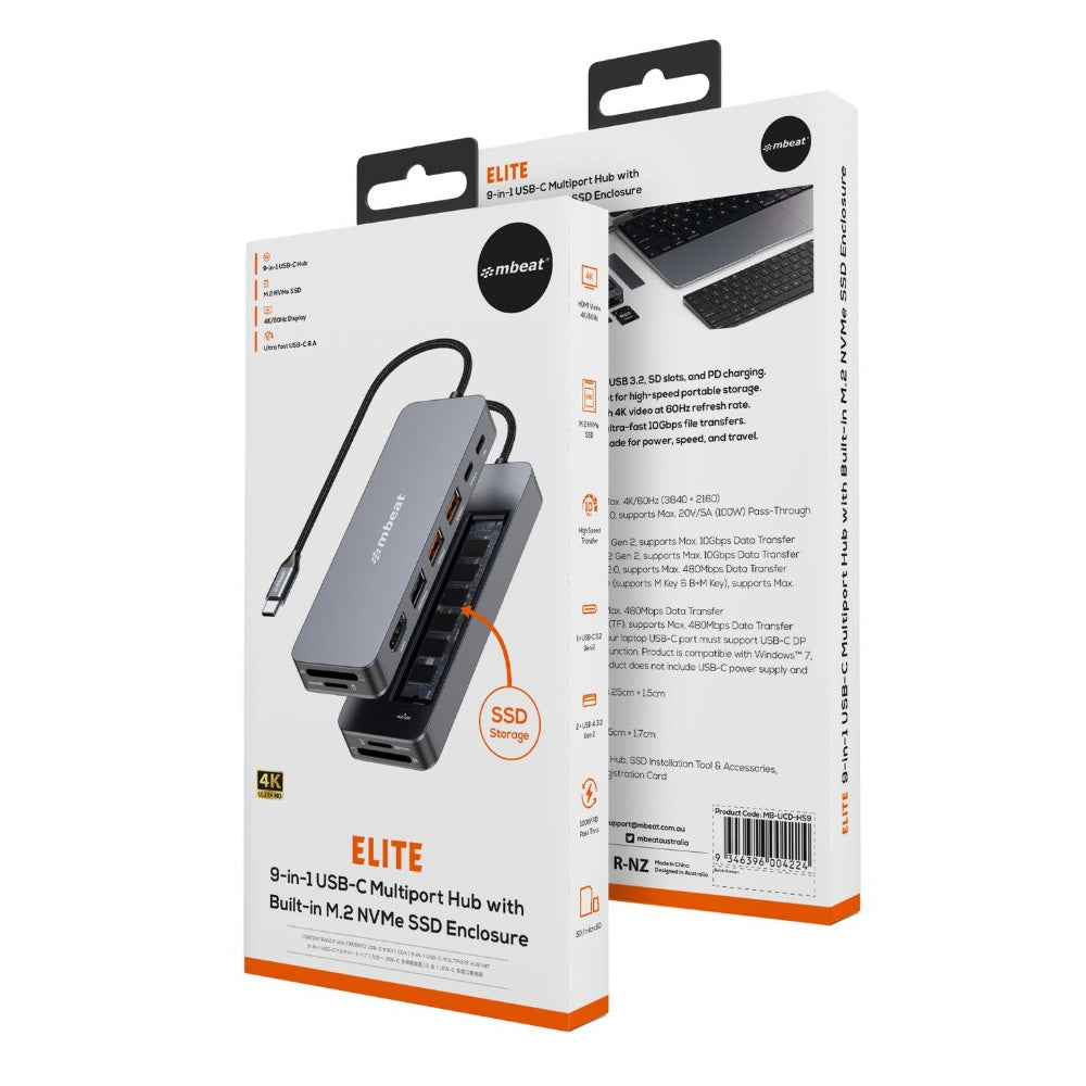 mbeat Elite 9-in-1 USB-C Multiport Hub Built-in M.2 NVMe SSD Enclosure 4K HDMI 100W PD Pass Through 10Gbps SD microSD