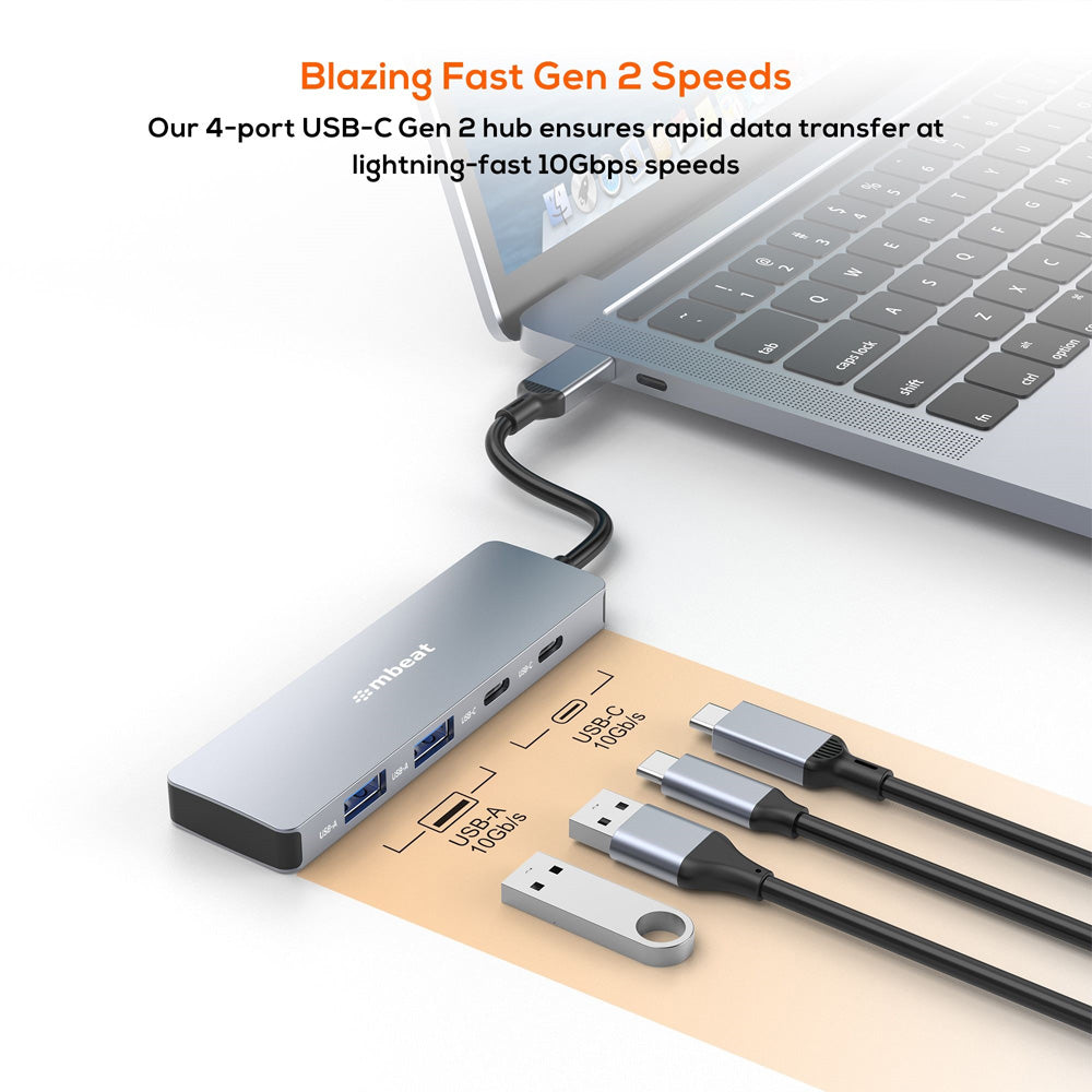mbeat Elite 4 Port USB C Hub 10Gbps Gen 2 2 USB A 2 USB C Multiport Data Expansion Compact Travel Design