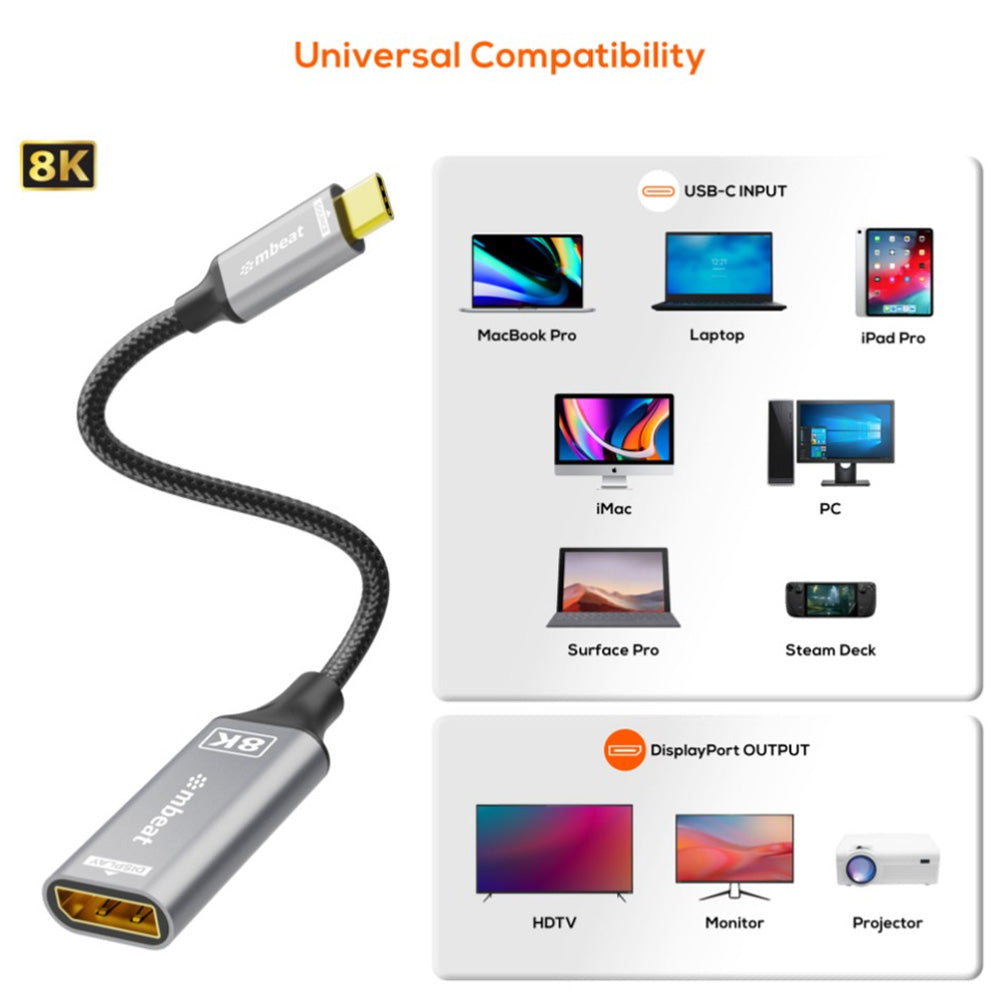 mbeat Tough Link 8K USB-C to DP Adapter DisplayPort 1.4 32.4Gbps 8K 60Hz 4K 240Hz Nylon Braided Gold Plated Space Grey
