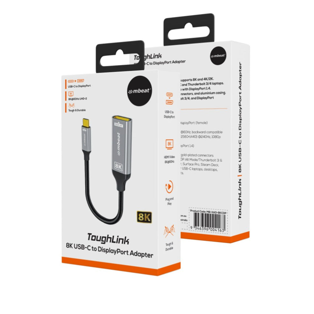 mbeat Tough Link 8K USB-C to DP Adapter DisplayPort 1.4 32.4Gbps 8K 60Hz 4K 240Hz Nylon Braided Gold Plated Space Grey