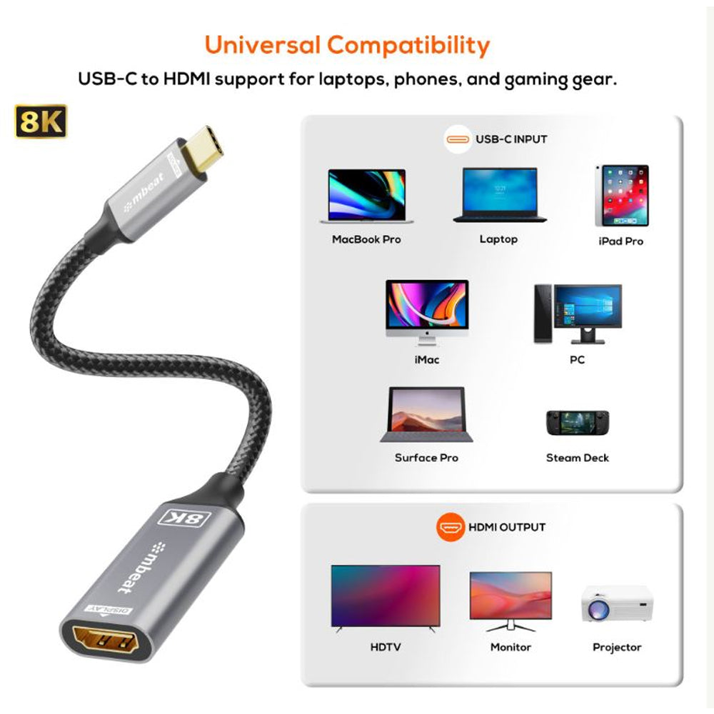 mbeat Tough Link 8K USB-C to HDMI Adapter 48Gbps HDMI 2.1 8K 60Hz 4K 120Hz Nylon Braided Aluminium Casing Space Grey