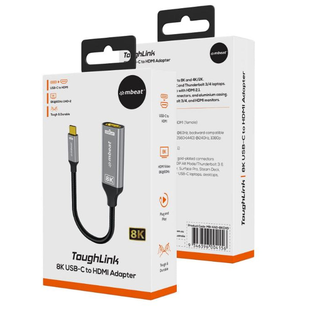 mbeat Tough Link 8K USB-C to HDMI Adapter 48Gbps HDMI 2.1 8K 60Hz 4K 120Hz Nylon Braided Aluminium Casing Space Grey
