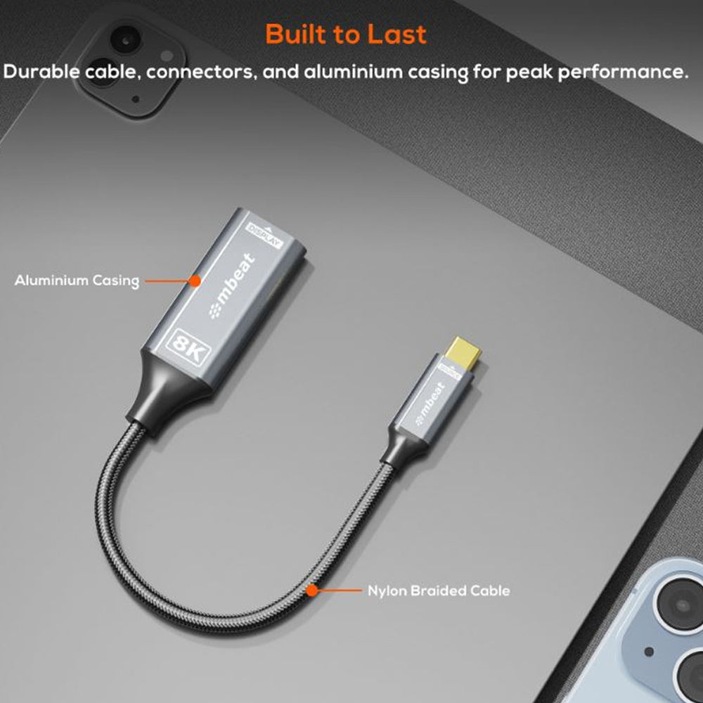 mbeat Tough Link 8K USB-C to HDMI Adapter 48Gbps HDMI 2.1 8K 60Hz 4K 120Hz Nylon Braided Aluminium Casing Space Grey