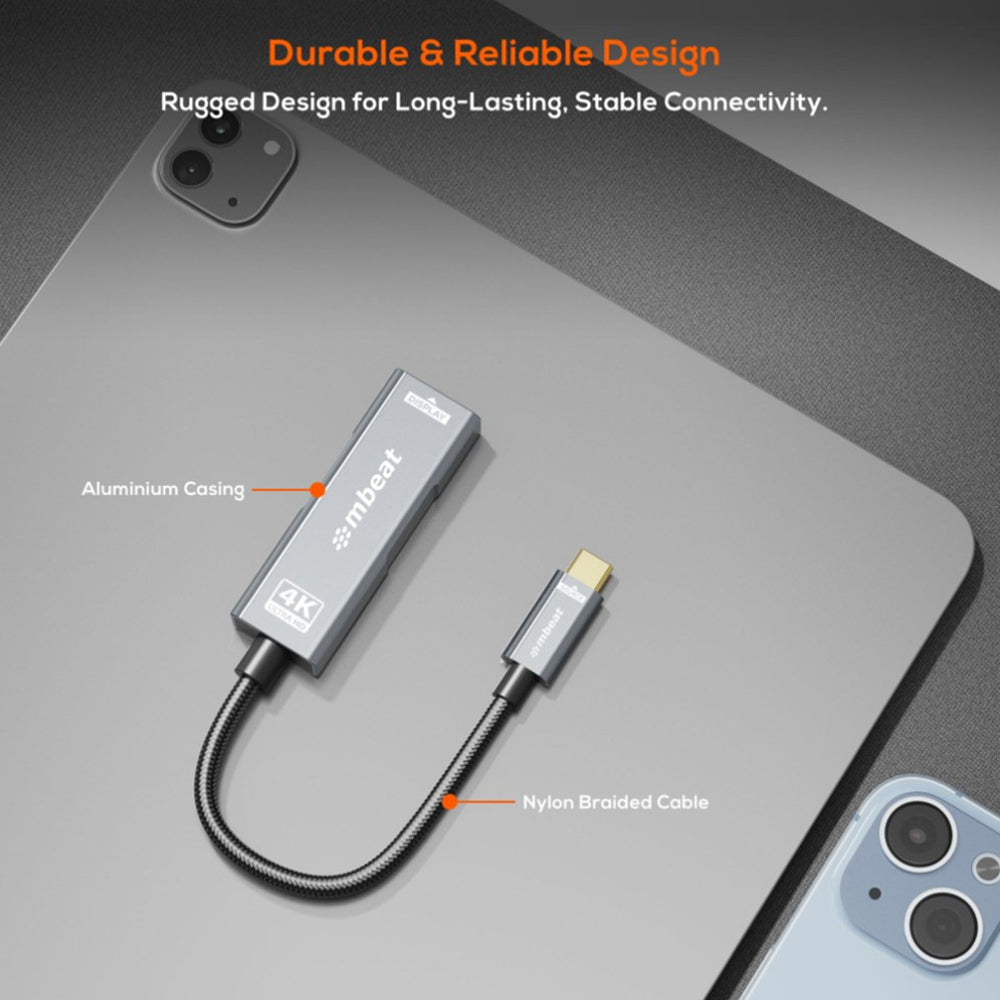 mbeat Tough Link USB-C to DP Adapter 100W PD Pass Through Charging 4K 60Hz 2K 144Hz 1080p 240Hz Nylon Braided Space Grey