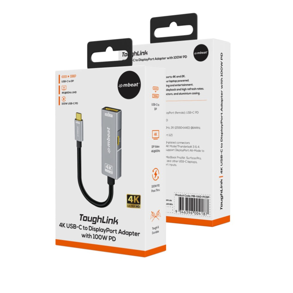 mbeat Tough Link USB-C to DP Adapter 100W PD Pass Through Charging 4K 60Hz 2K 144Hz 1080p 240Hz Nylon Braided Space Grey