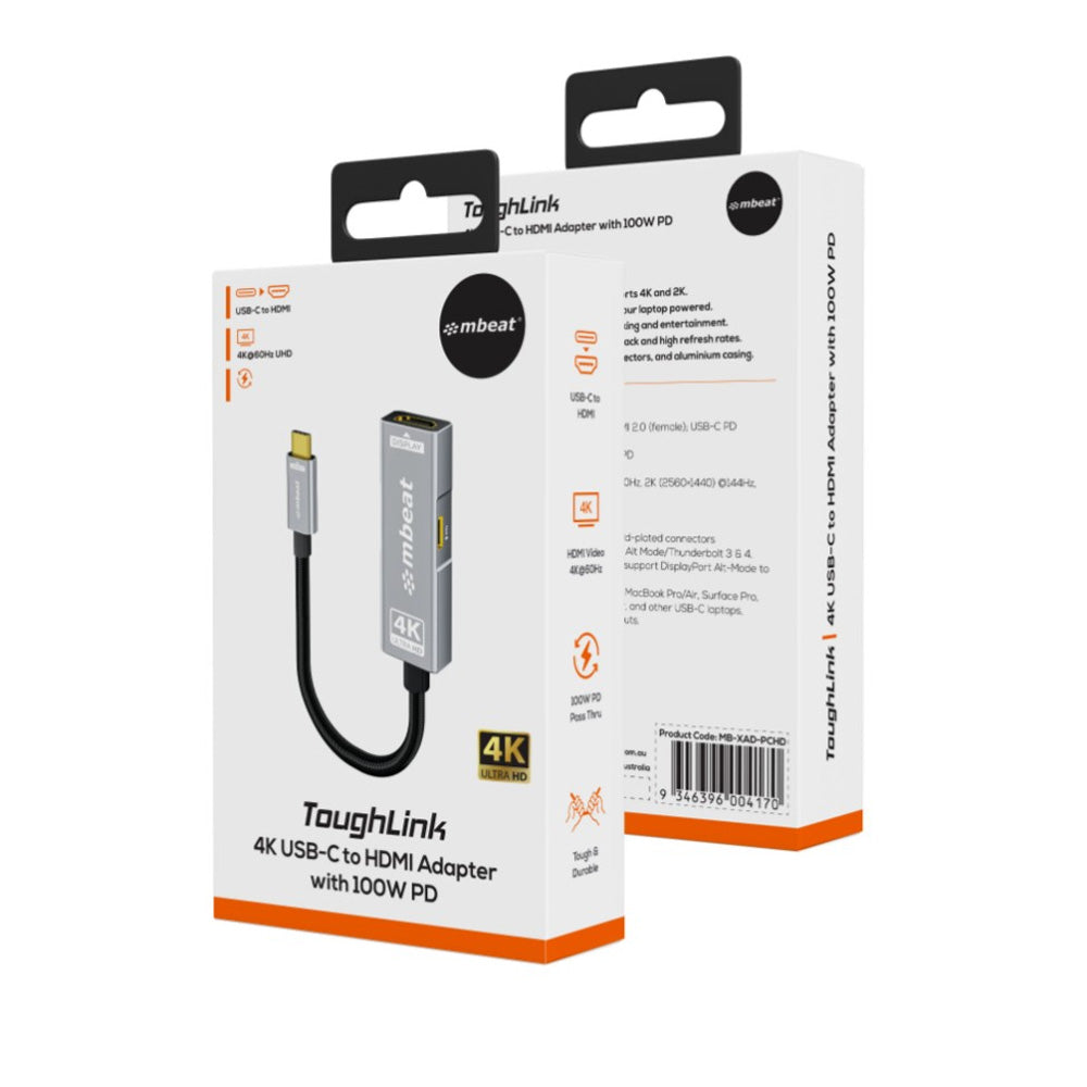 mbeat Tough Link USB-C to HDMI Adapter 100W PD Pass Through 4K 60Hz 2K 144Hz 1080p 240Hz Nylon Braided Space Grey