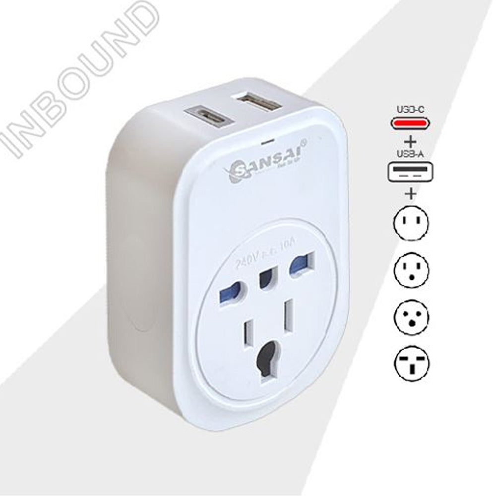 Sansai USB Travel Adaptor with USB A and USB C Charging Outlets 100-240VAC 10A 2400W