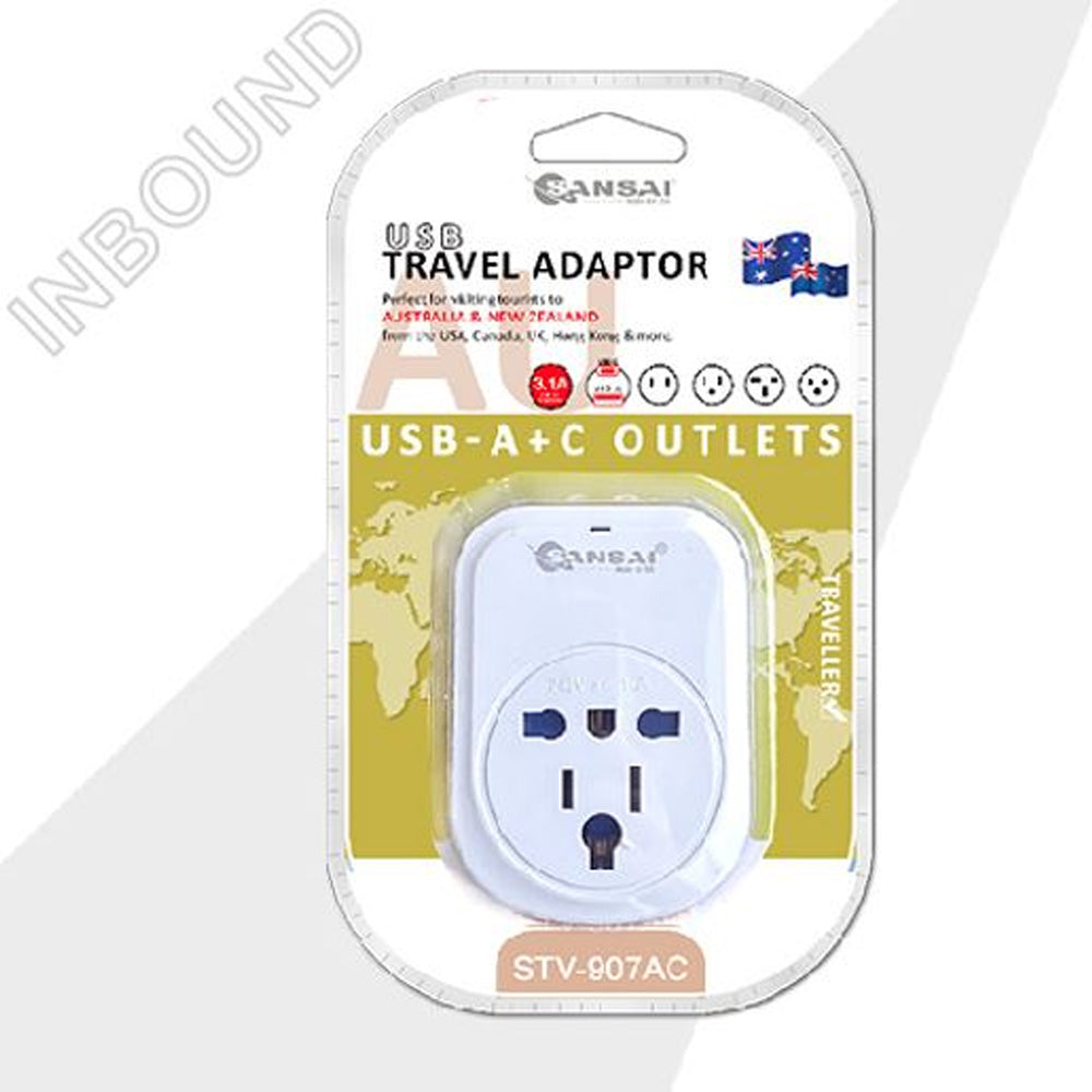 Sansai USB Travel Adaptor with USB A and USB C Charging Outlets 100-240VAC 10A 2400W
