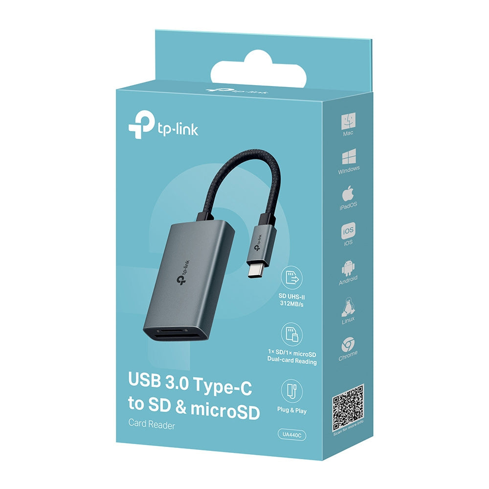TP-Link UA440C USB-C SD microSD Card Reader UHS-II 312MB/s USB 3.0 5Gbps Dual Card Access 2TB Support