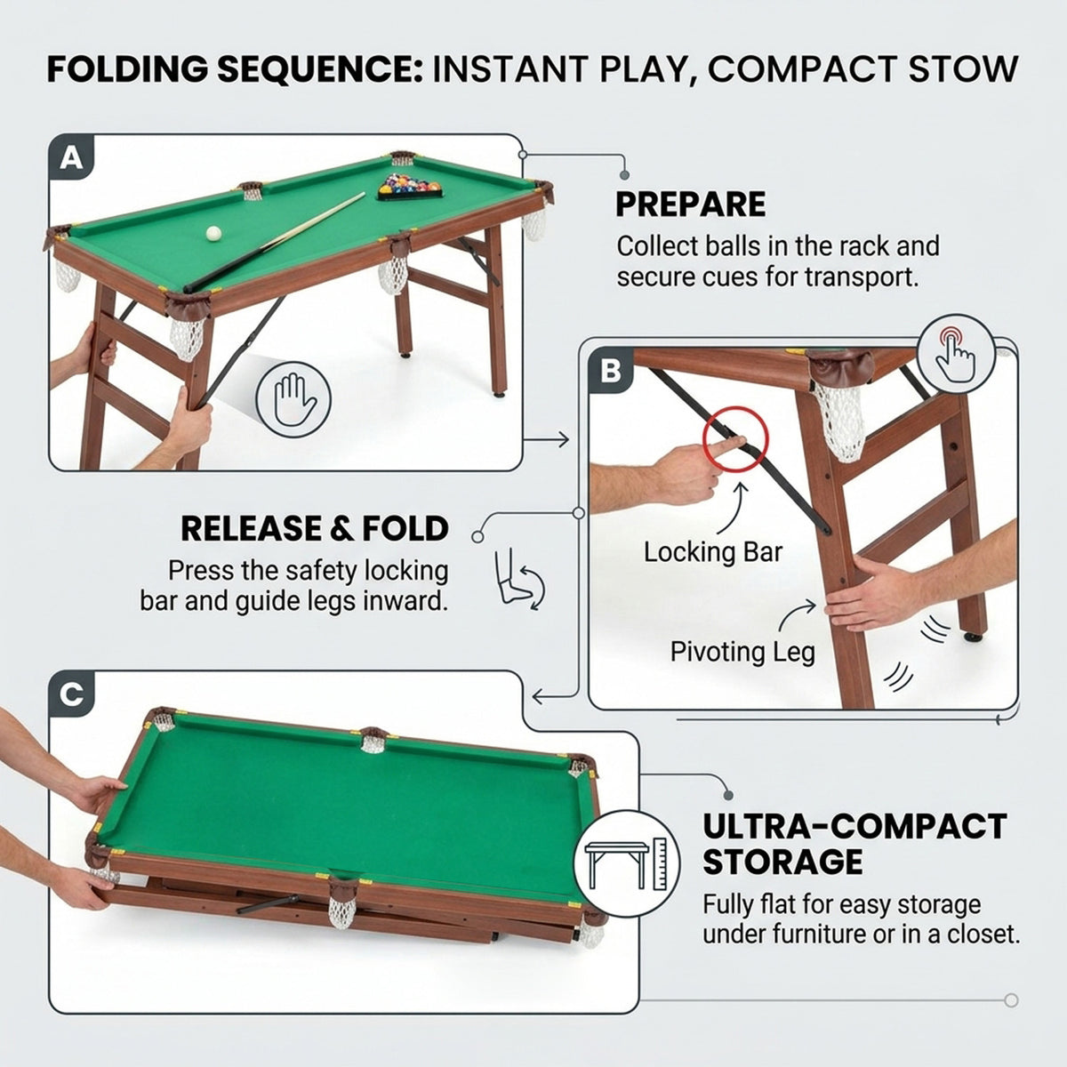 Portable Billiards Table Game with Foldable Legs Family Game Bar Gym Room