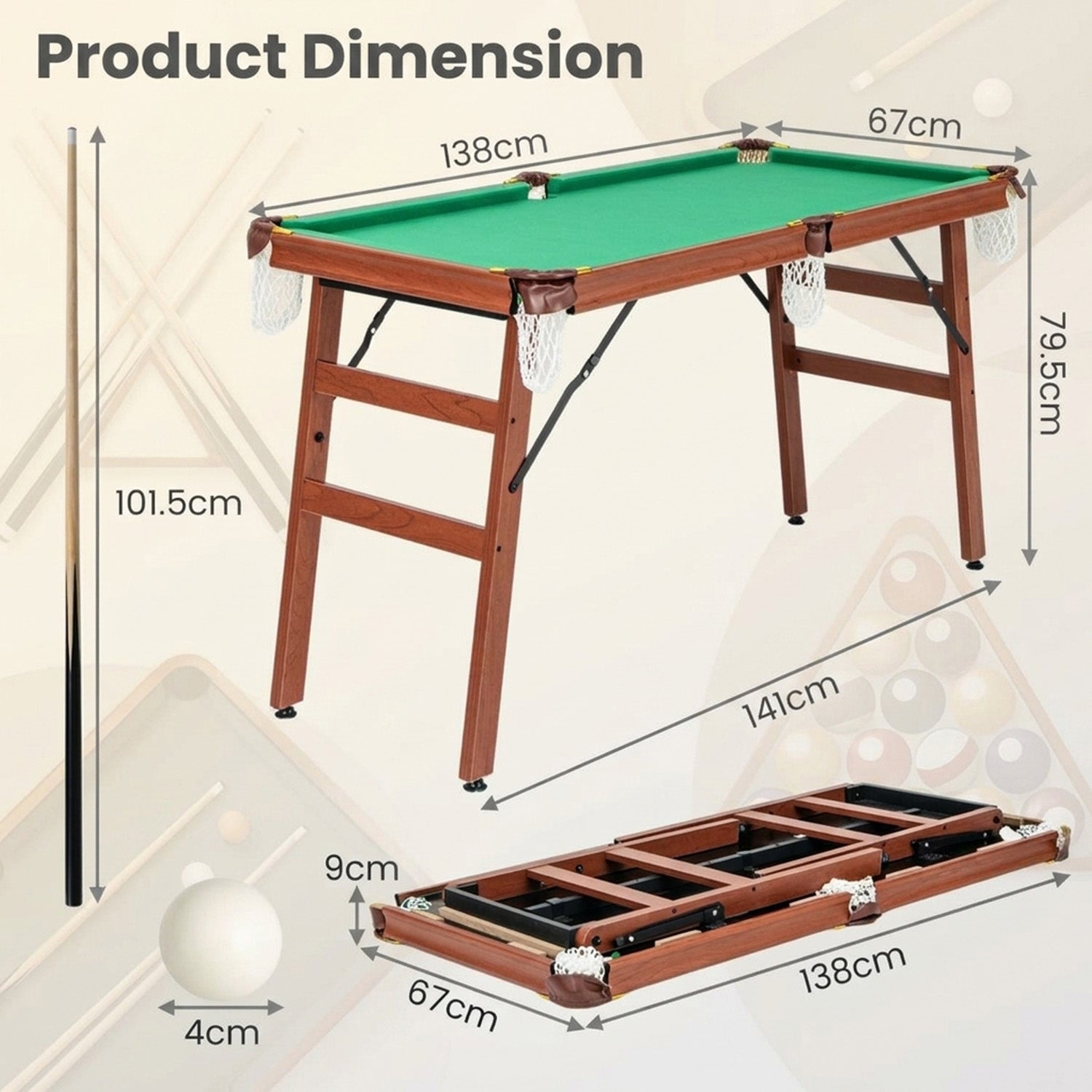Portable Billiards Table Game with Foldable Legs Family Game Bar Gym Room