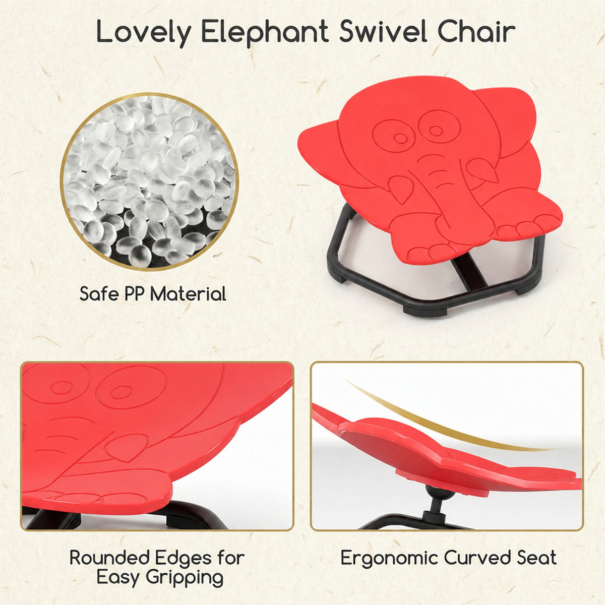 Kids Sensory Swivel Chair 360 Spin Elephant Design Metal Base Sit and Spin