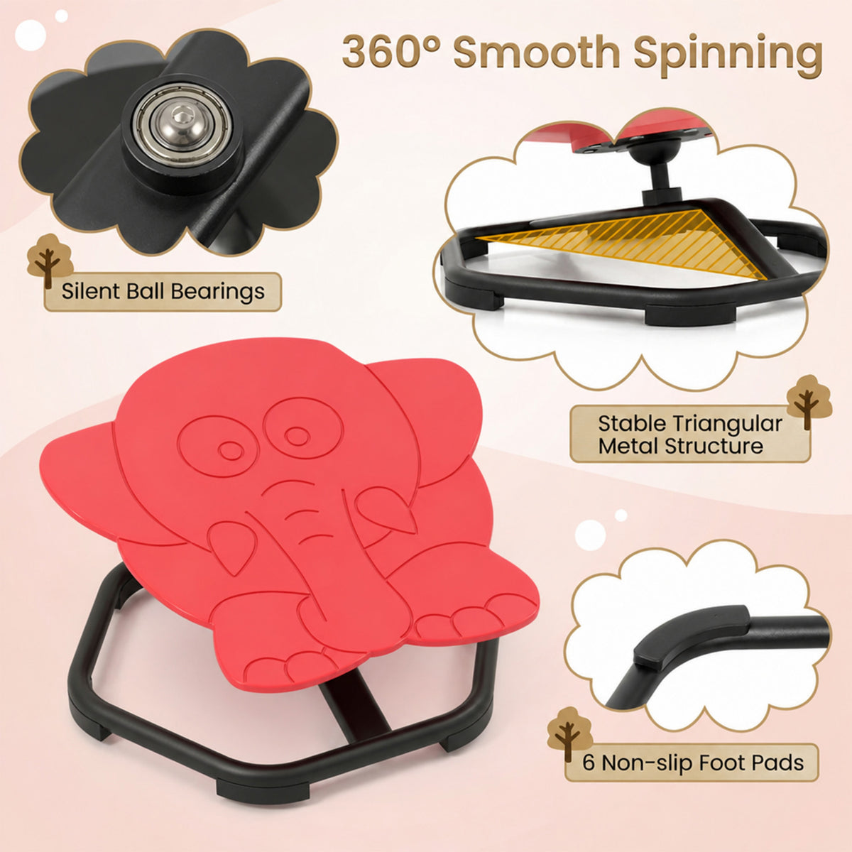 Kids Sensory Swivel Chair 360 Spin Elephant Design Metal Base Sit and Spin