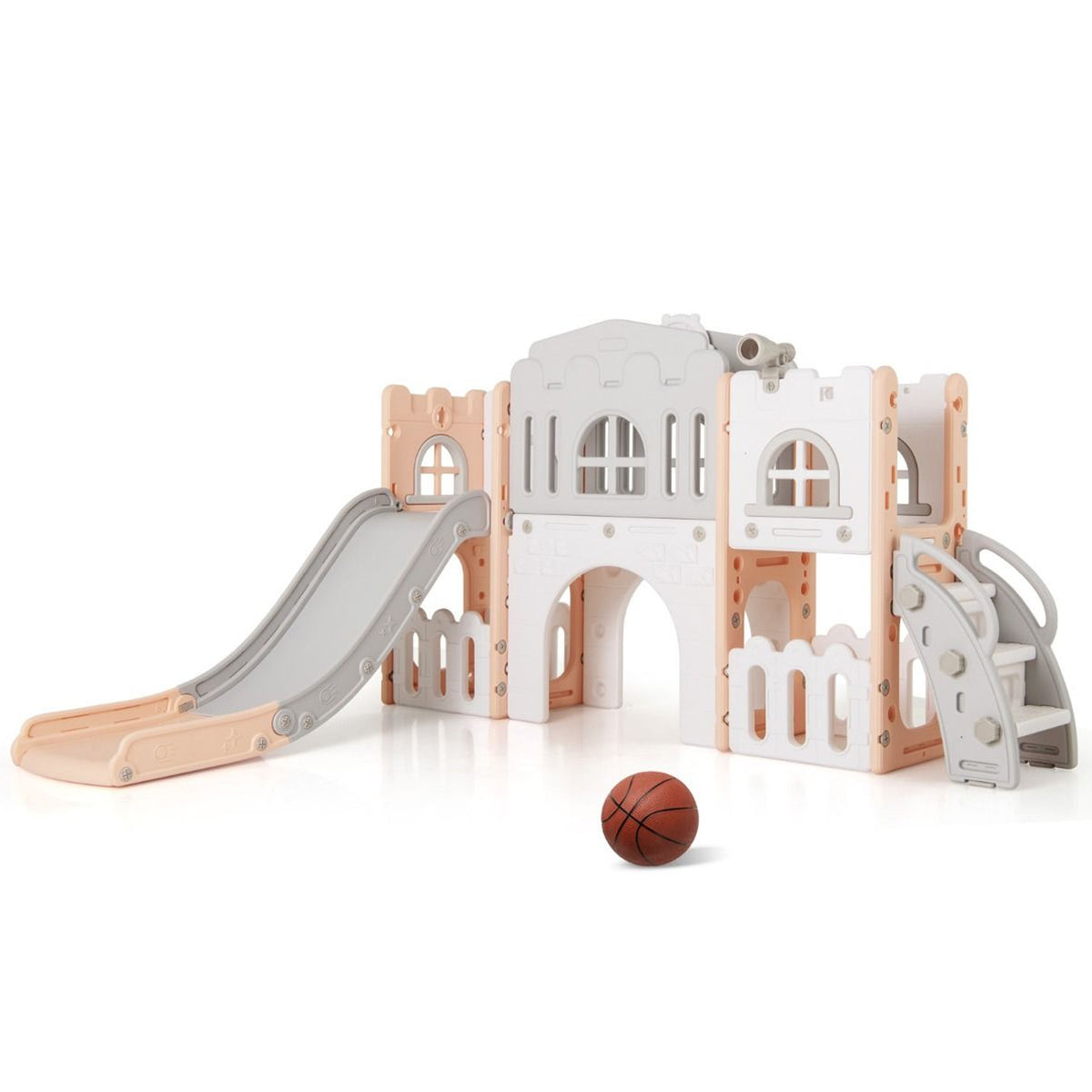 All In 1 L Shaped Toddler Slide with Tunnel and Basketball Hoop Age 1-3