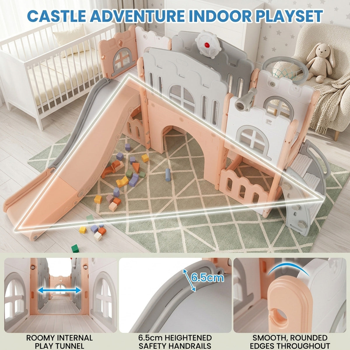 All In 1 L Shaped Toddler Slide with Tunnel and Basketball Hoop Age 1-3