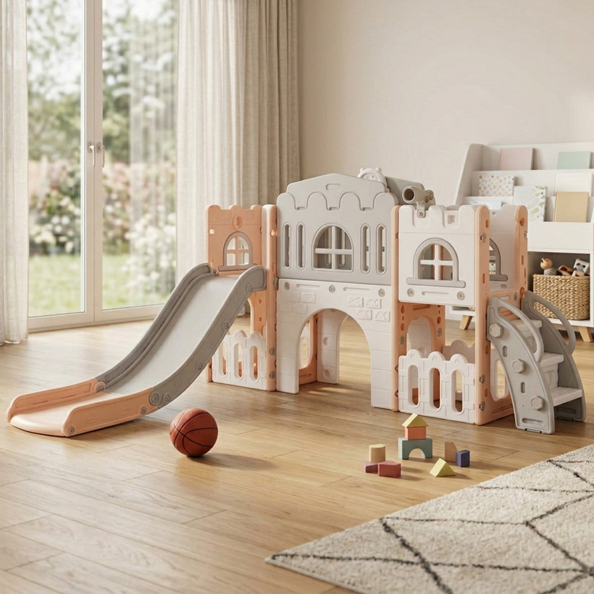 All In 1 L Shaped Toddler Slide with Tunnel and Basketball Hoop Age 1-3