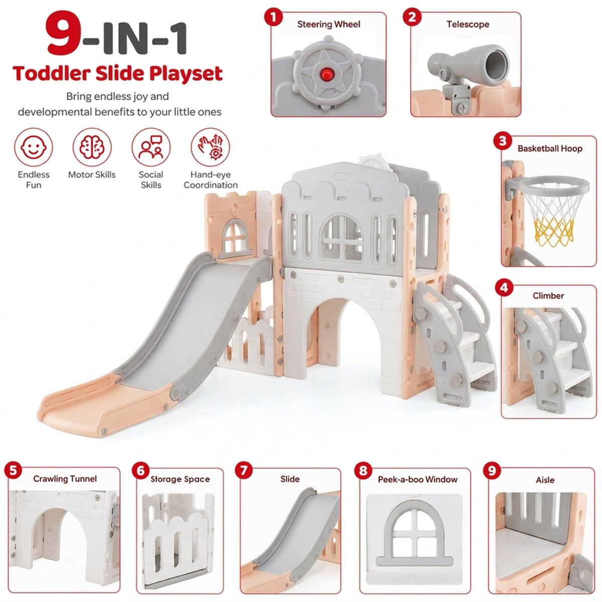 9 in 1 Baby Indoor Playground Toddler Slide and Climber Playset for Kids