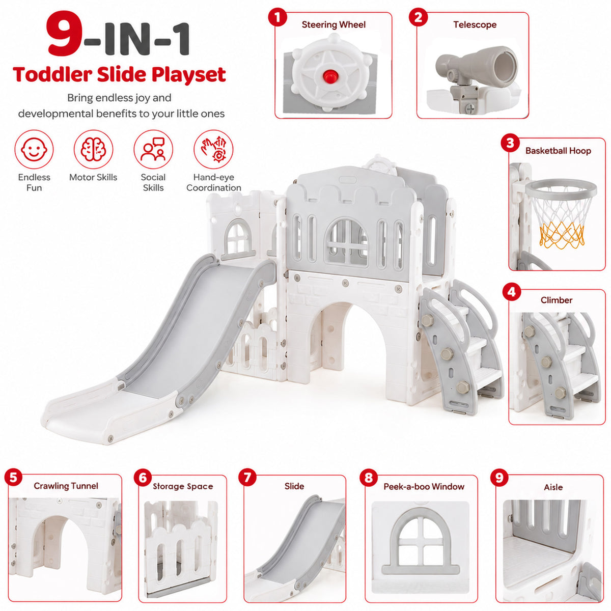 9 in 1 Baby Indoor Playground Toddler Slide and Climber Playset for Kids