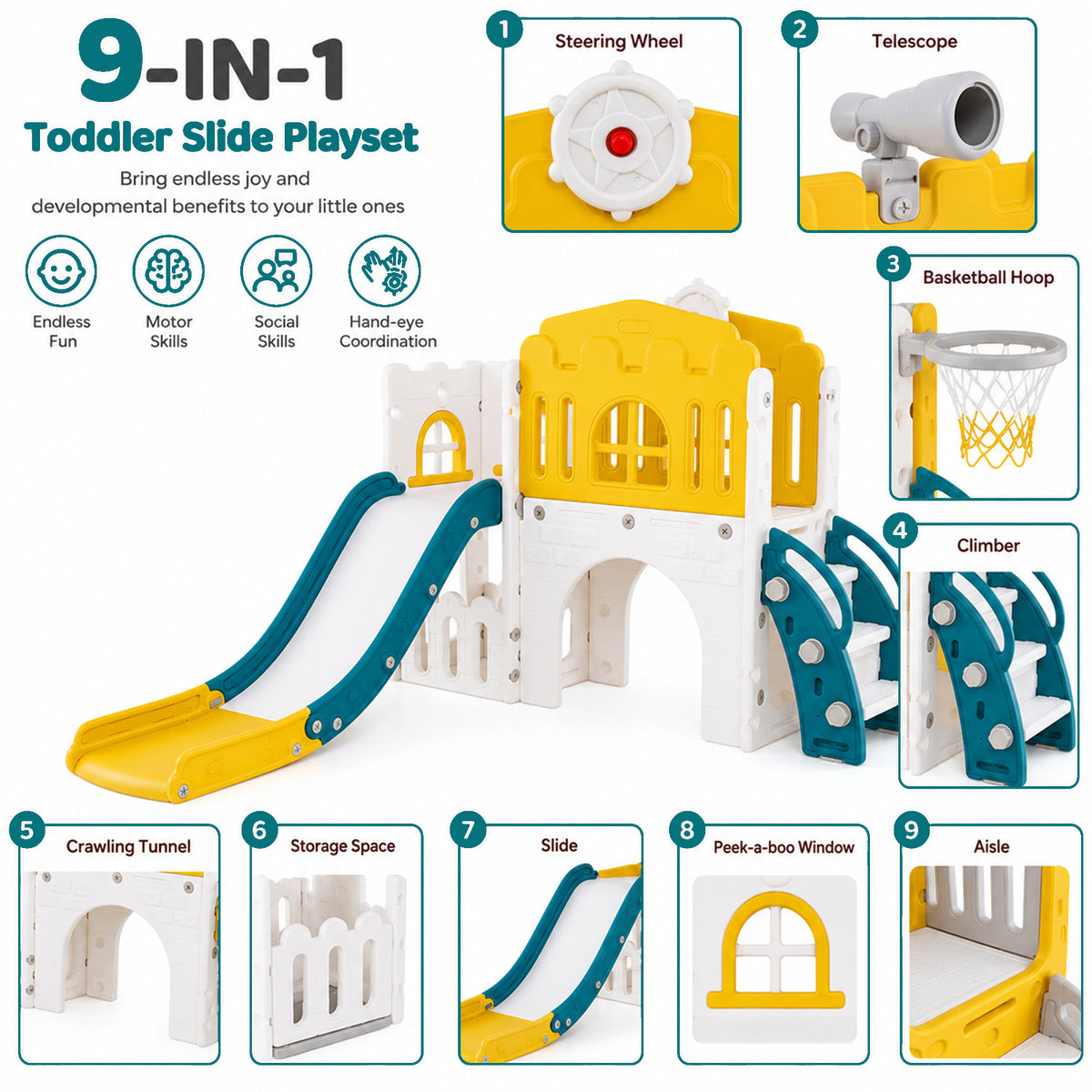 9 in 1 Baby Indoor Playground Toddler Slide and Climber Playset for Kids