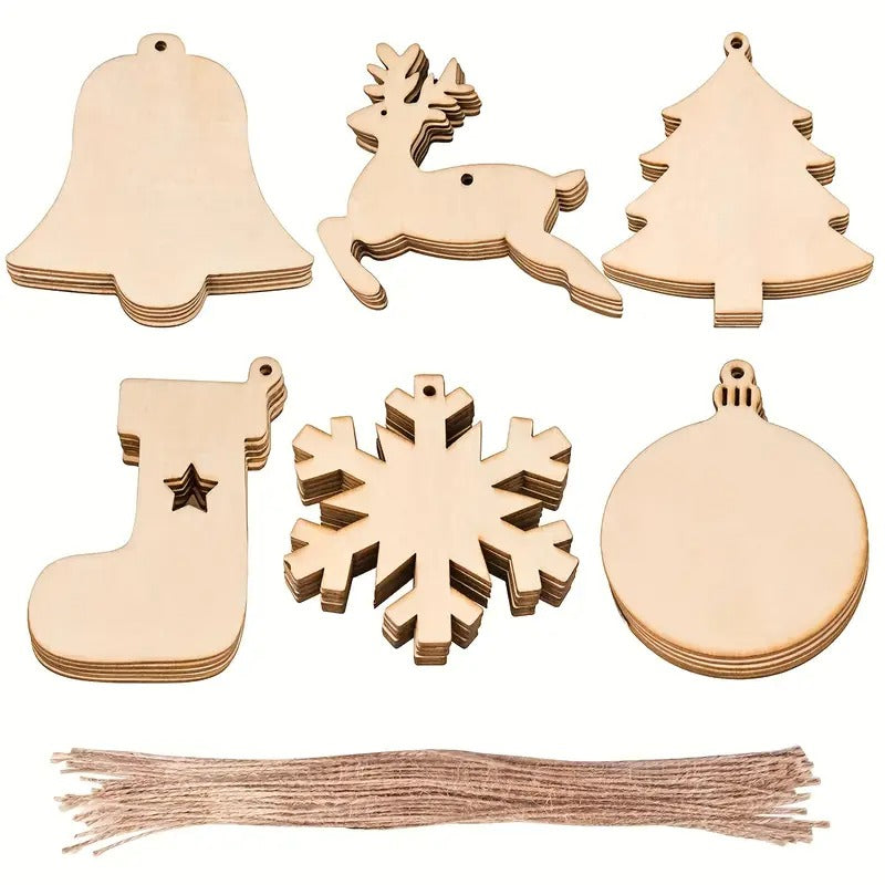 DIY Wooden Christmas Tree Ornament Craft Set 60pcs Reindeer Bell Snowflake Khaki