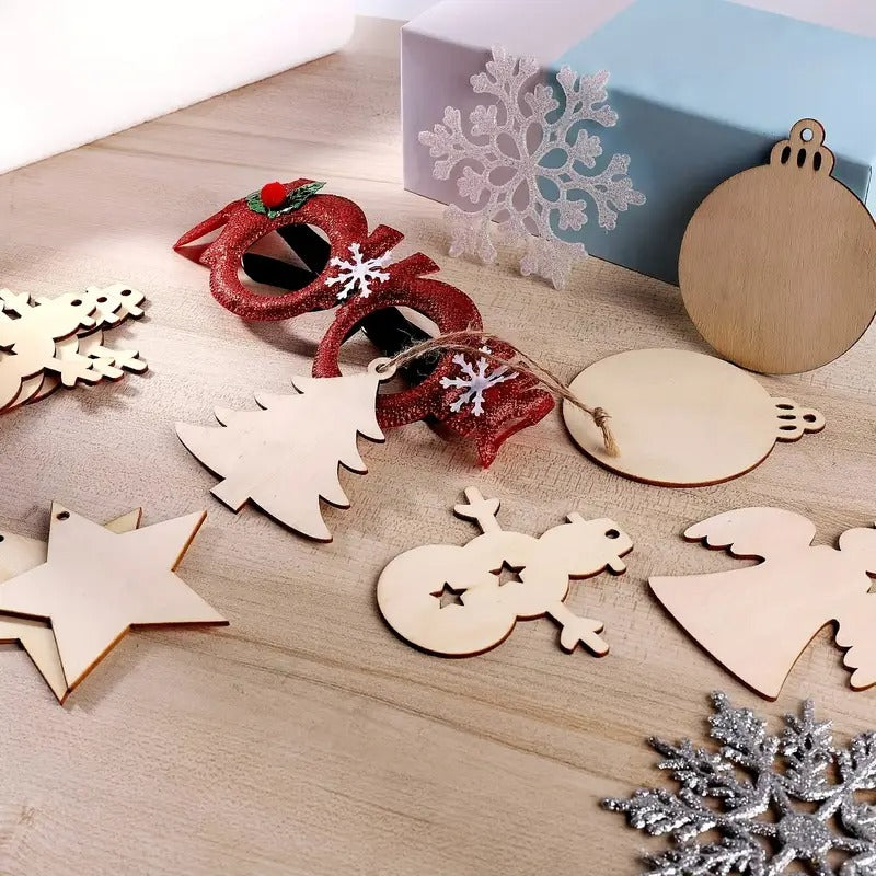DIY Wooden Christmas Tree Ornament Craft Set 60pcs Reindeer Bell Snowflake Khaki