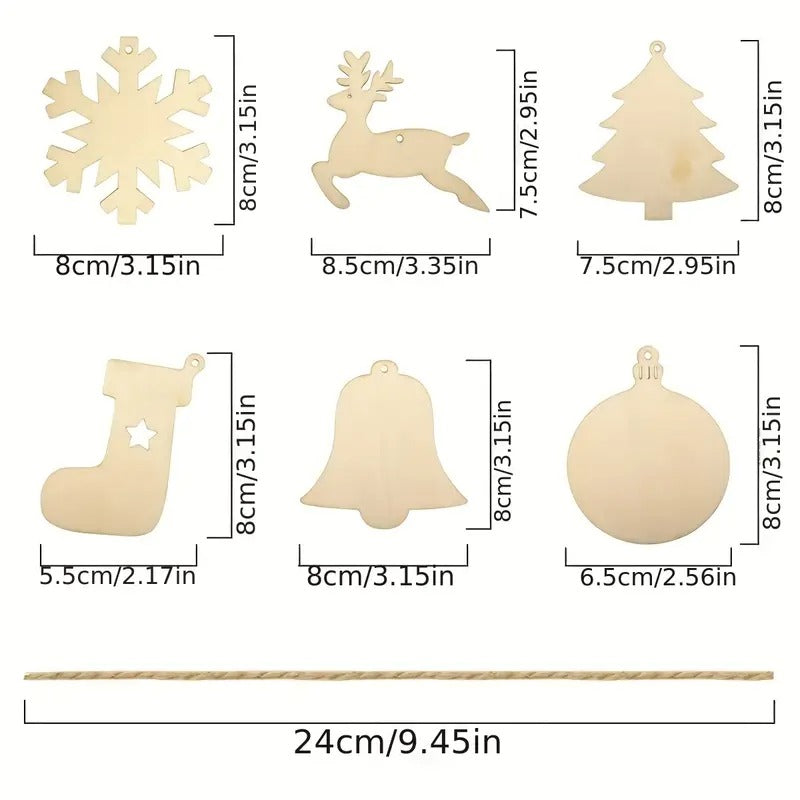 DIY Wooden Christmas Tree Ornament Craft Set 60pcs Reindeer Bell Snowflake Khaki