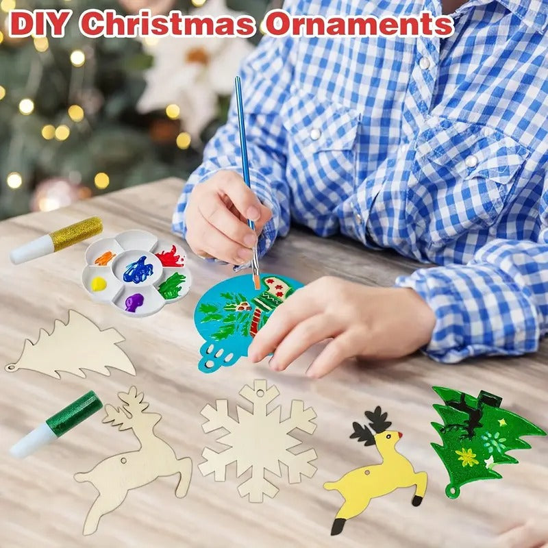 DIY Wooden Christmas Tree Ornament Craft Set 60pcs Reindeer Bell Snowflake Khaki