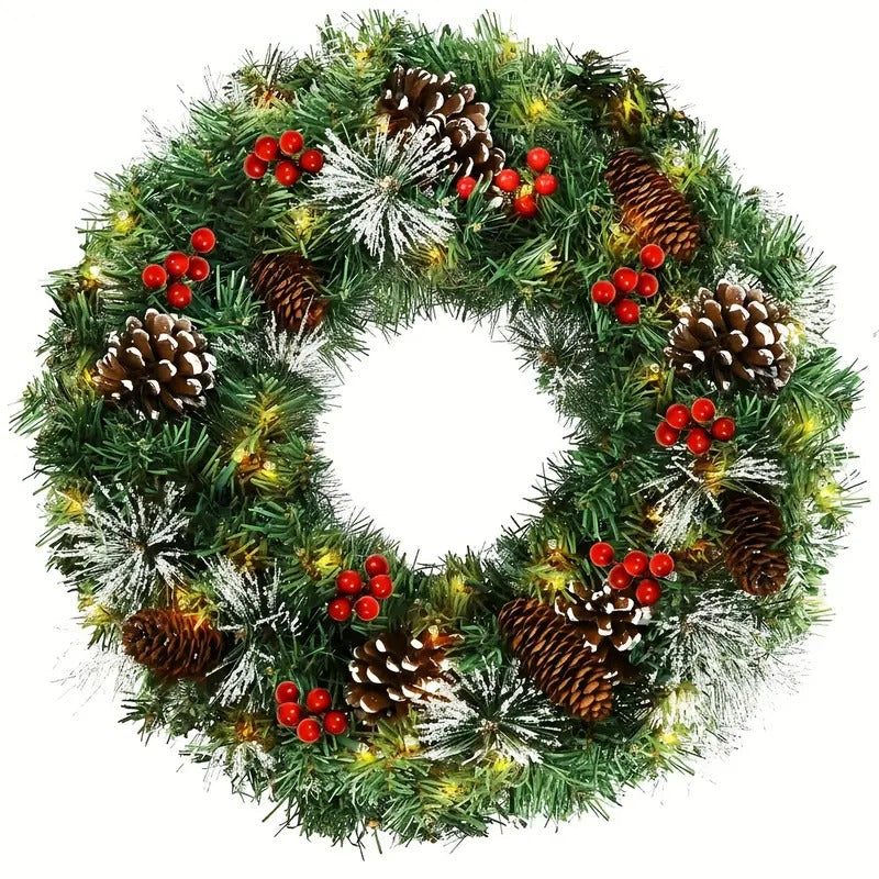 Pre-Lit Christmas Wreath 50cm 50 LED Pine Cone Berries Battery Door Decor Green