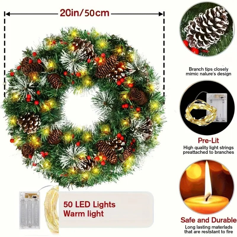 Pre-Lit Christmas Wreath 50cm 50 LED Pine Cone Berries Battery Door Decor Green