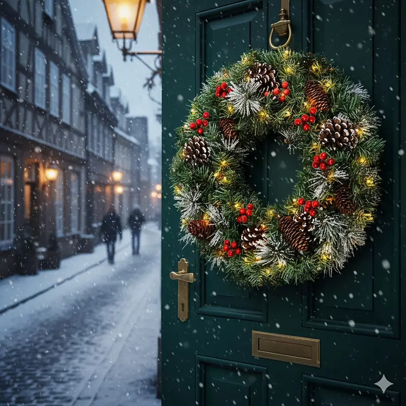 Pre-Lit Christmas Wreath 50cm 50 LED Pine Cone Berries Battery Door Decor Green