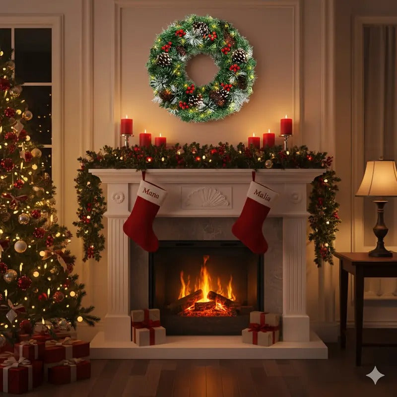 Pre-Lit Christmas Wreath 50cm 50 LED Pine Cone Berries Battery Door Decor Green