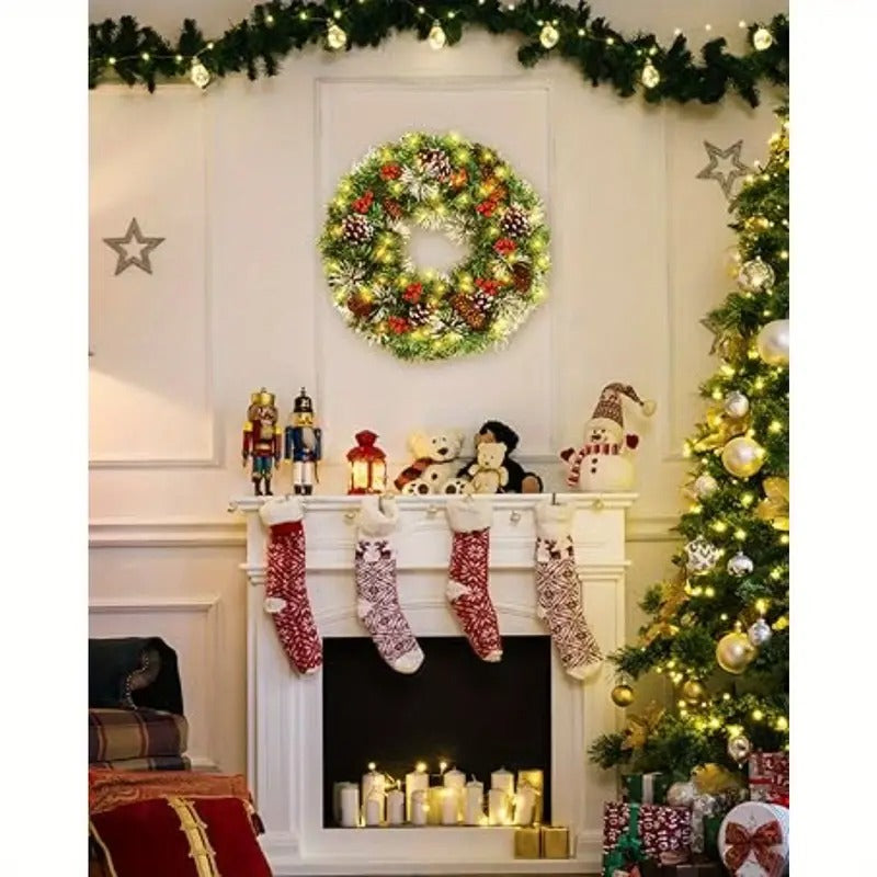 Pre-Lit Christmas Wreath 50cm 50 LED Pine Cone Berries Battery Door Decor Green