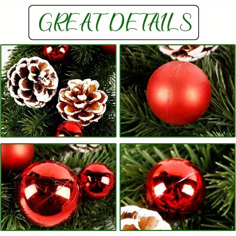 Pre-Lit Christmas Door Wreath 40cm 40 LED Battery Balls Pine Cones Wall Decor