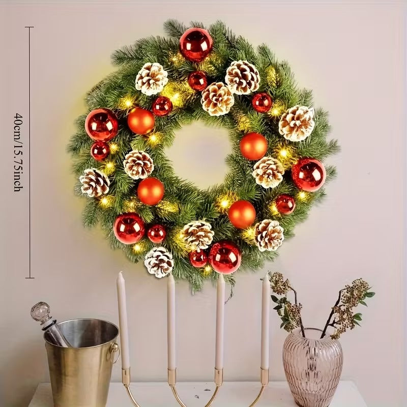 Pre-Lit Christmas Door Wreath 40cm 40 LED Battery Balls Pine Cones Wall Decor