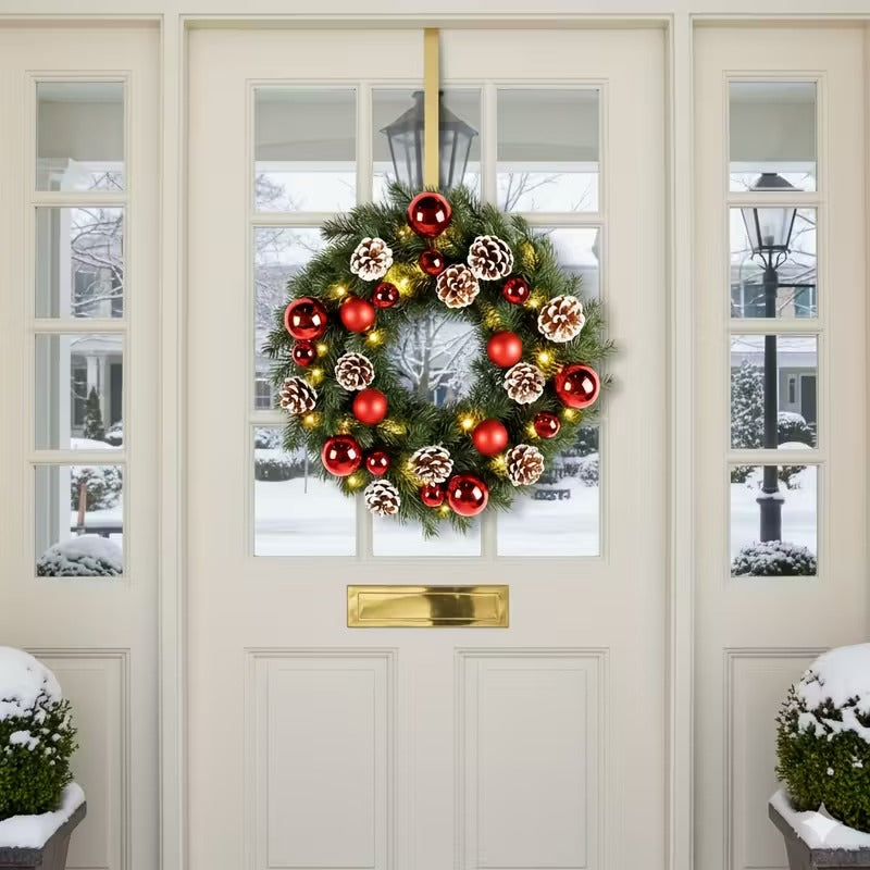 Pre-Lit Christmas Door Wreath 40cm 40 LED Battery Balls Pine Cones Wall Decor