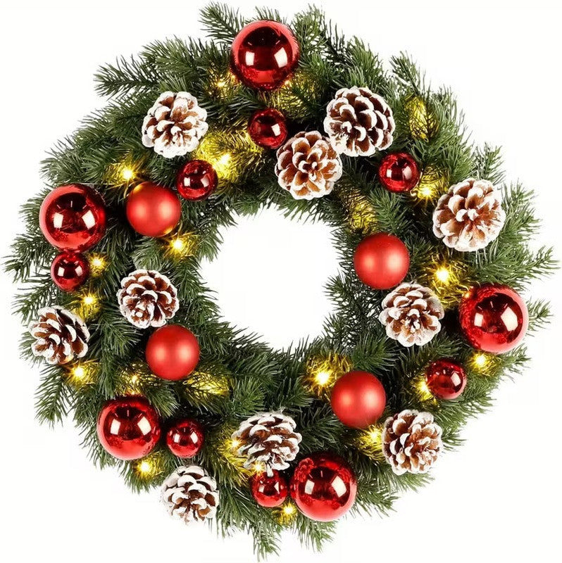 Pre-Lit Christmas Door Wreath 40cm 40 LED Battery Balls Pine Cones Wall Decor