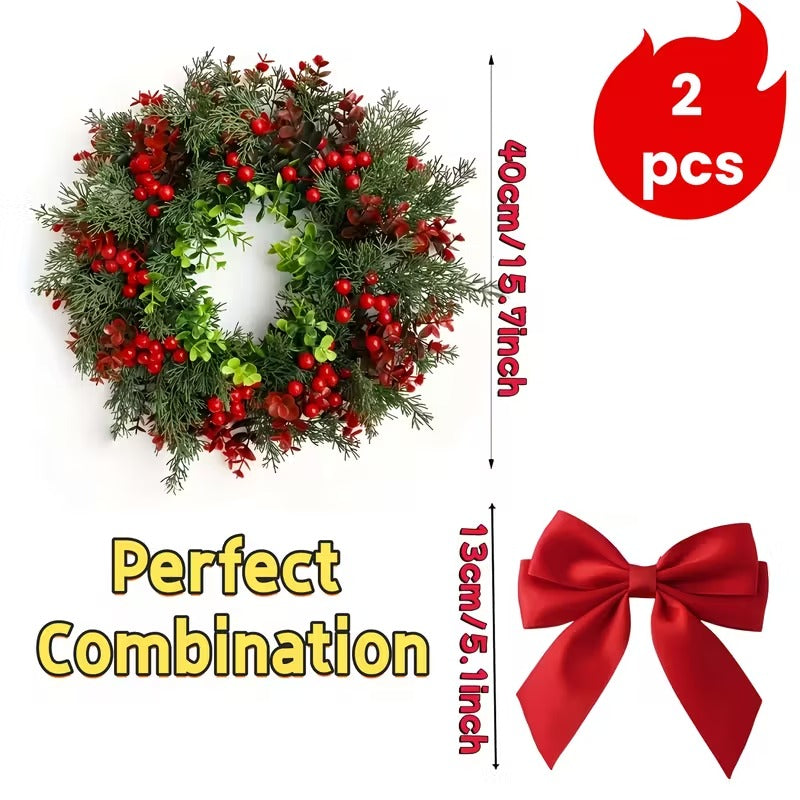 Artificial Christmas Wreath 2pcs 40cm Red Bow Pine Cones Berries Door Décor