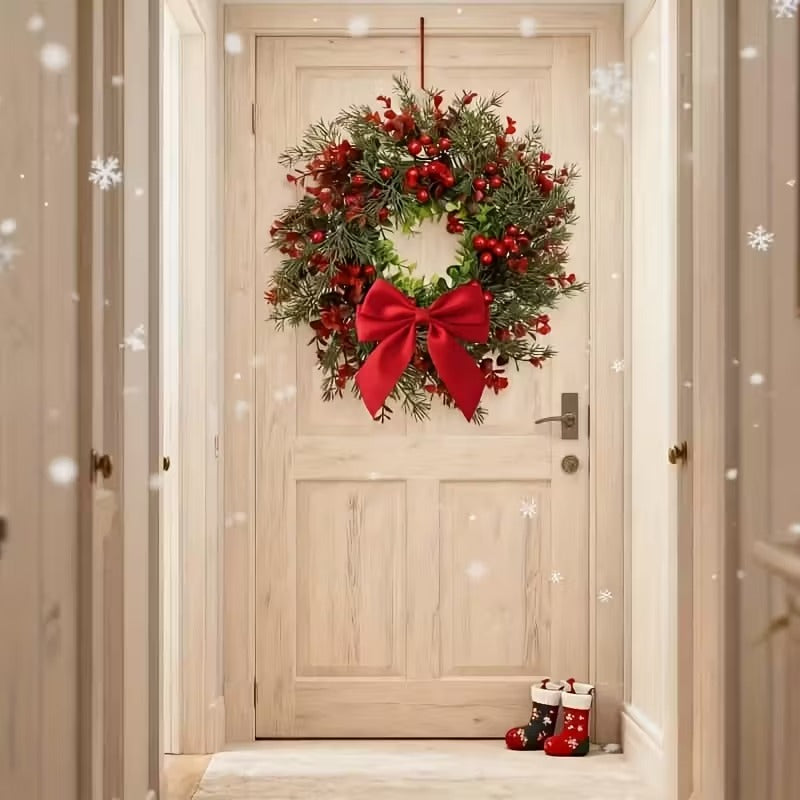 Artificial Christmas Wreath 2pcs 40cm Red Bow Pine Cones Berries Door Décor