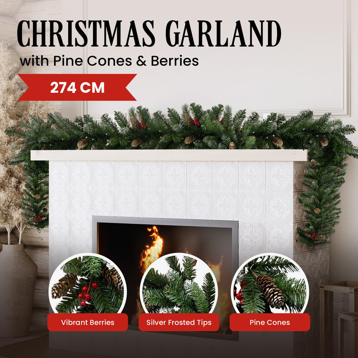 Christmas Garland 2.7m Pine Cones Red Berries Frosted Tips Pine Tree Decoration