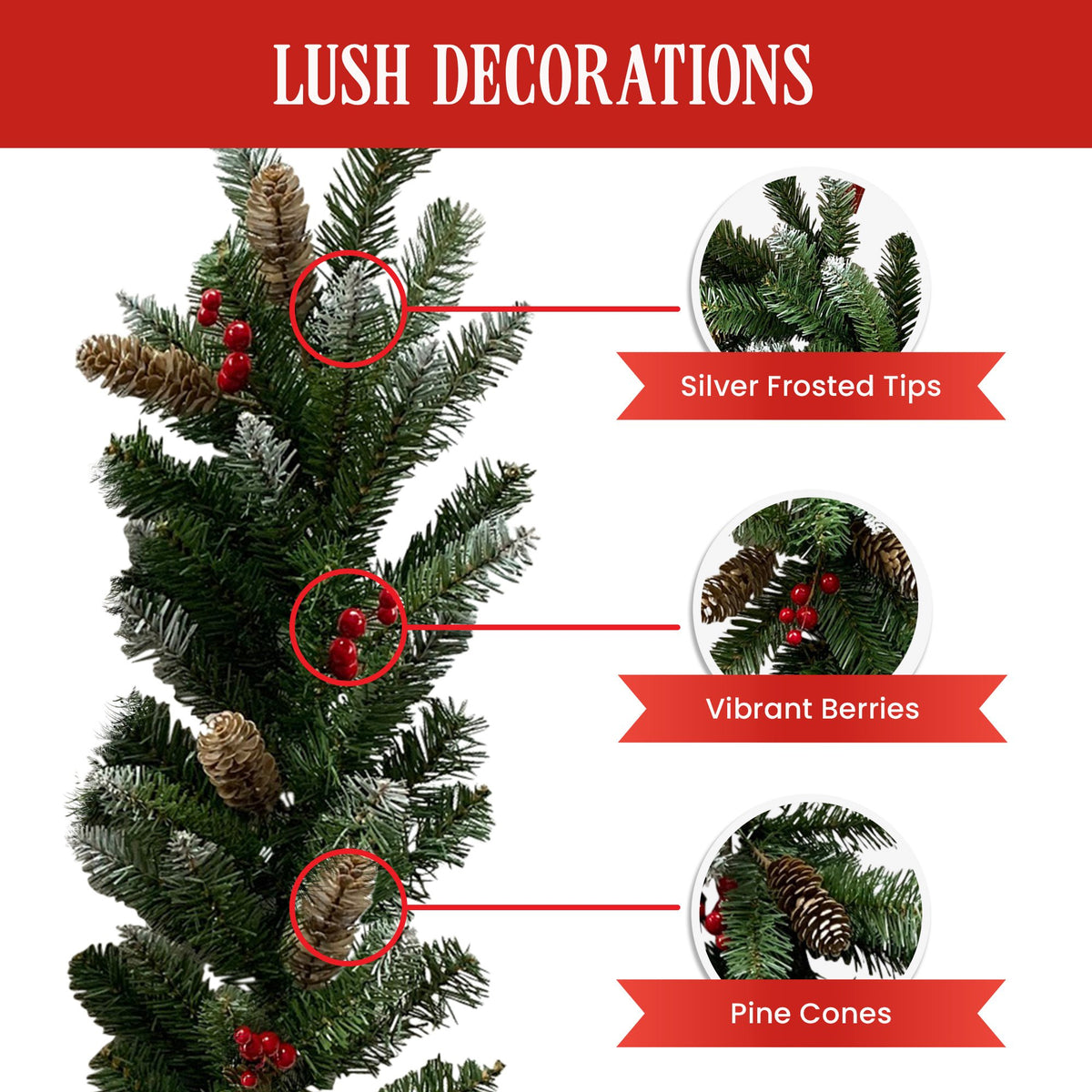 Christmas Garland 2.7m Pine Cones Red Berries Frosted Tips Pine Tree Decoration