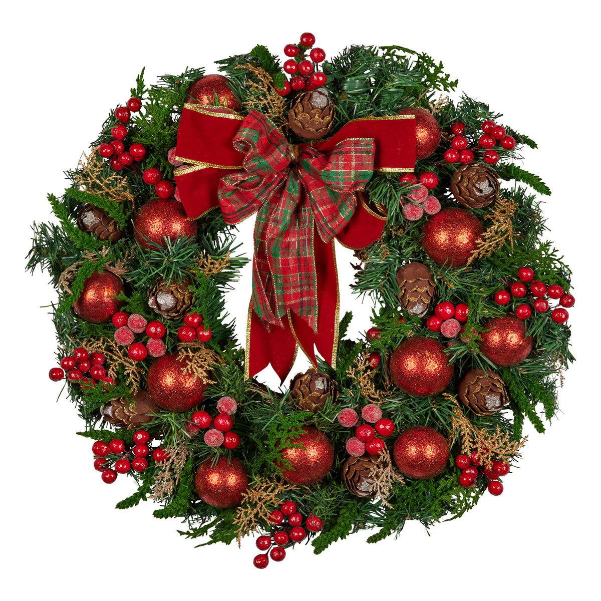 Christmas Wreath 71cm Red Baubles Berries Pine Cones Bow Front Door Decor Green