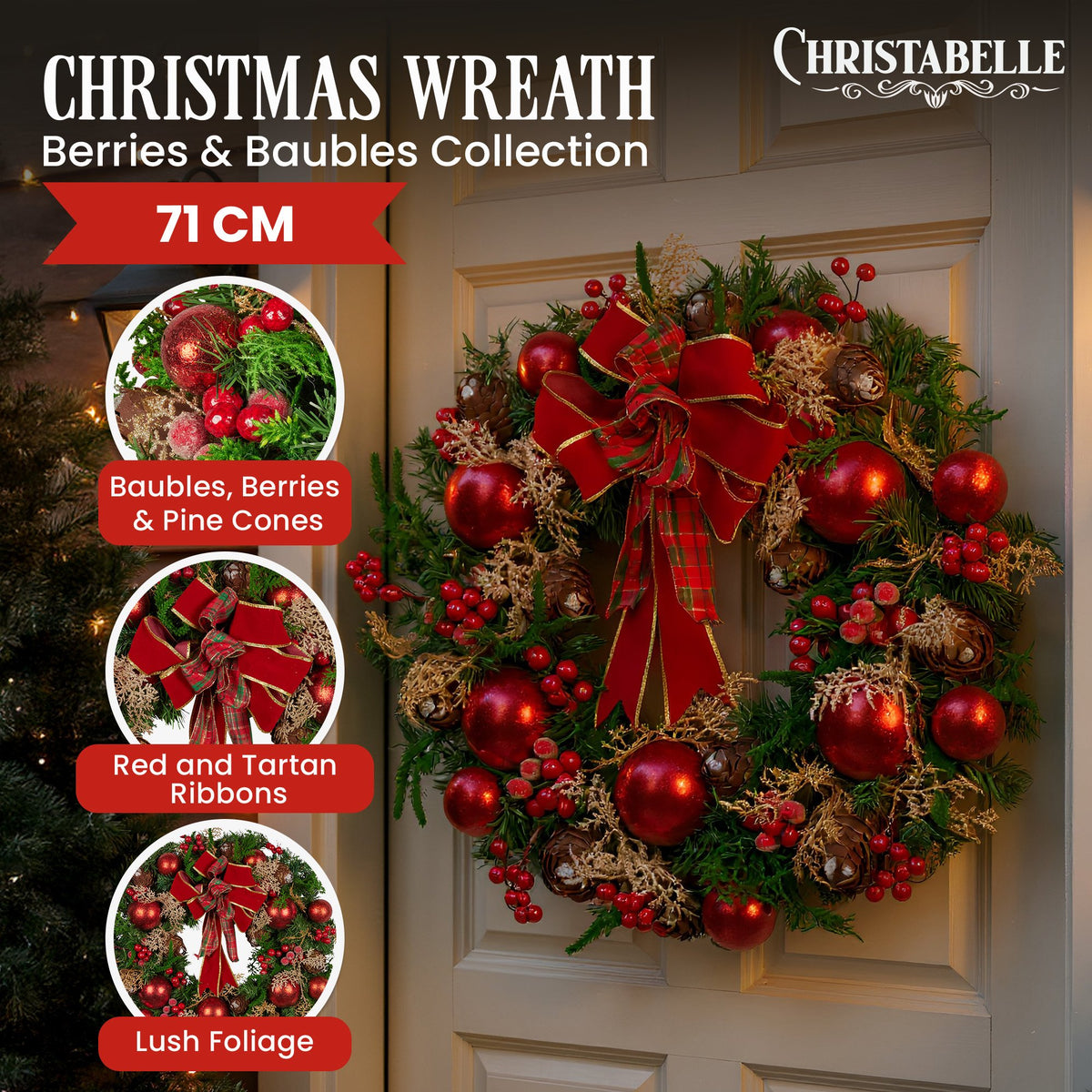 Christmas Wreath 71cm Red Baubles Berries Pine Cones Bow Front Door Decor Green