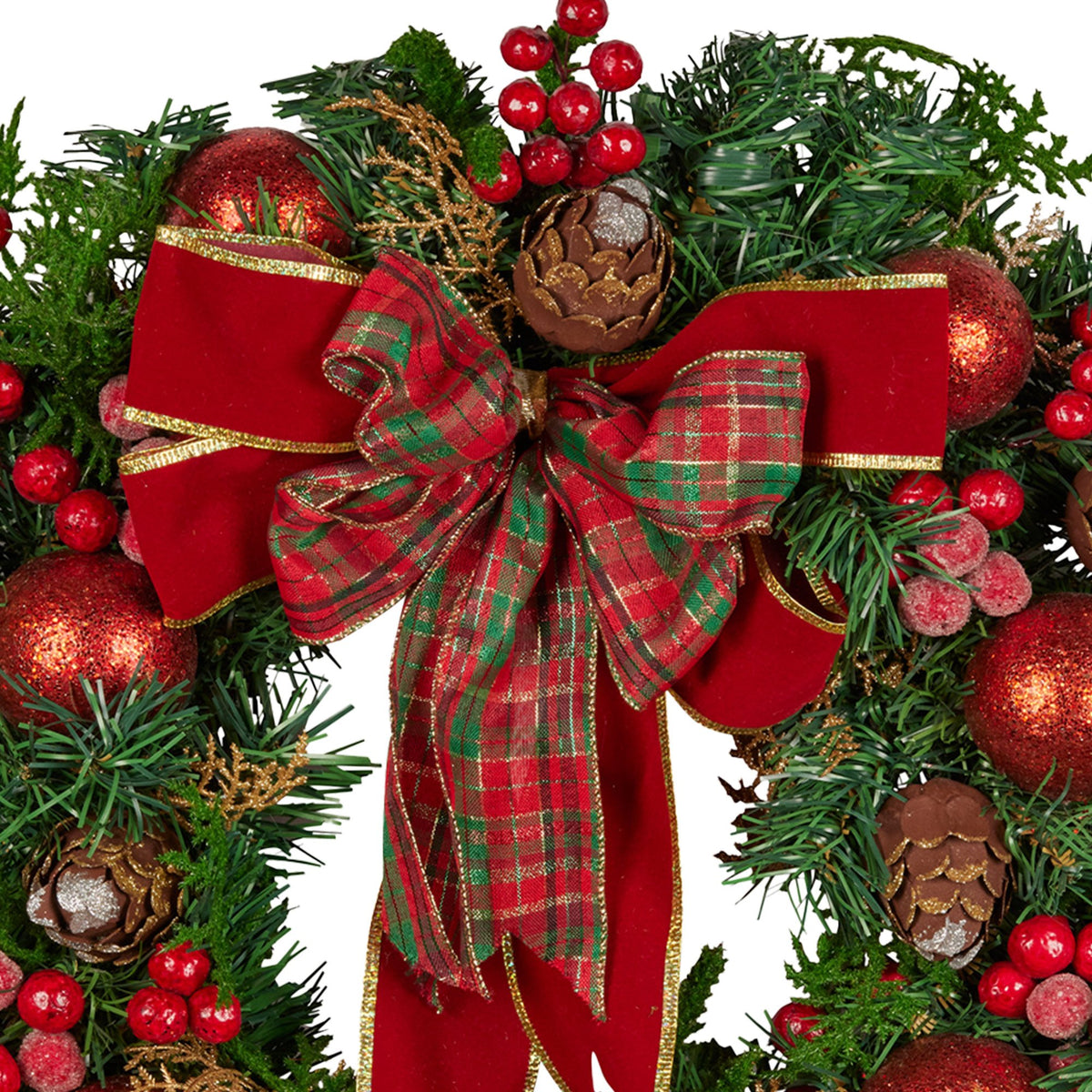 Christmas Wreath 71cm Red Baubles Berries Pine Cones Bow Front Door Decor Green